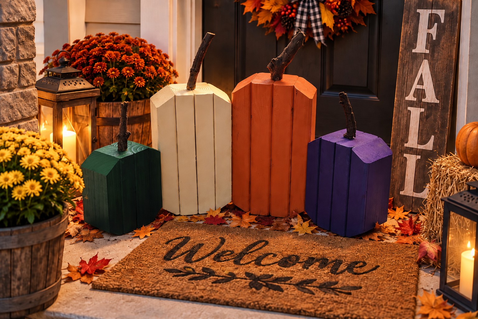 Fall porch display with handcrafted pumpkins